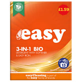 The orange box of Easy 3-In-1 Bio Detergent (884g, 13 washes) is vegan friendly, costs £1.59, includes softener, and offers easy iron plus powerful biological cleaning.